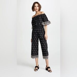 LOVE SAM Water Lily Off The Shoulder Washed Black Jumpsuit Sz Small LIKE NEW